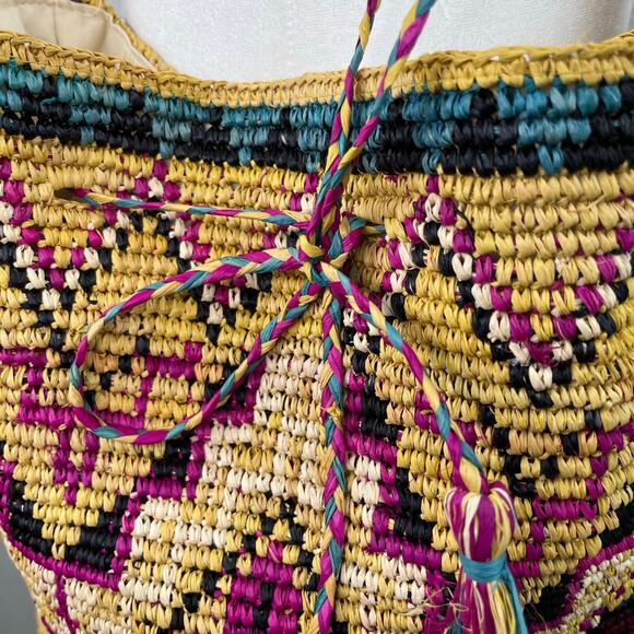 Lovestitch Straw Santa Fe Raffia Tribal Tasseled Bucket Crossbody Tote Bag New - Picture 4 of 12